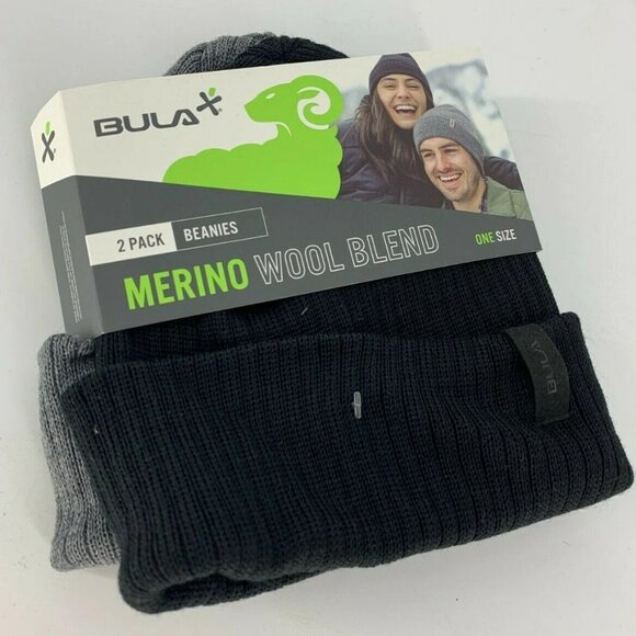 Bula Merino Wool Blend Beanies Gray Black One Size 2-Pack - Picture 3 of 6